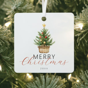 Festive Watercolor Christmas Tree In Basket Photo Metal Tree Decoration