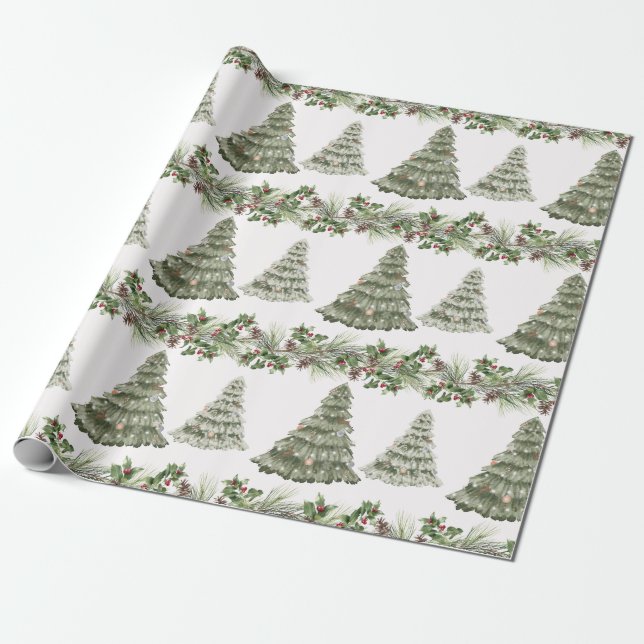 Festive Watercolor Christmas Trees in Winter Wrapping Paper (Unrolled)