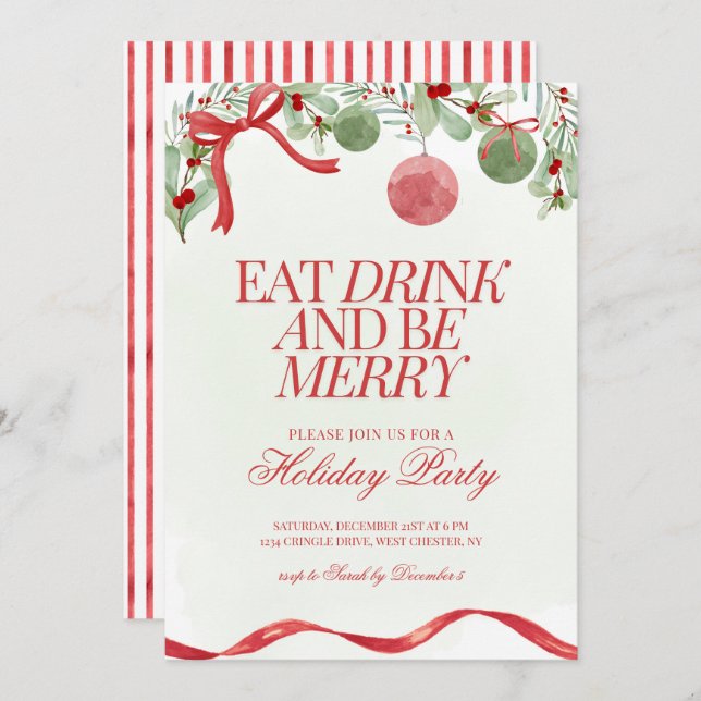 Festive Watercolor Coquette Christmas Party Invite (Front/Back)
