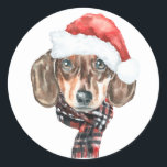 Festive Watercolor Dachshund Santa Christmas Classic Round Sticker<br><div class="desc">Happy Howlidays! Add a festive accent to your cards,  invitations and envelopes with this customisable holiday sticker. It features a watercolor dachshund wearing a Santa hat. Personalise this dachshund holiday sticker by adding your details. This dog Christmas sticker is available on other cardstock.</div>