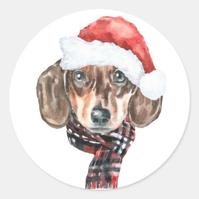 Festive Watercolor Dachshund Santa Christmas Classic Round Sticker (Front)