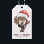 Festive Watercolor Dachshund Santa Christmas Gift Tags<br><div class="desc">Happy Howlidays! Celebrate the holiday season with these holiday dog theme gift tags. It features a watercolor dachshund wearing a Santa hat and scarf. Personalise by adding names. These dog gift tags will be perfect for party favours and gifts.</div>