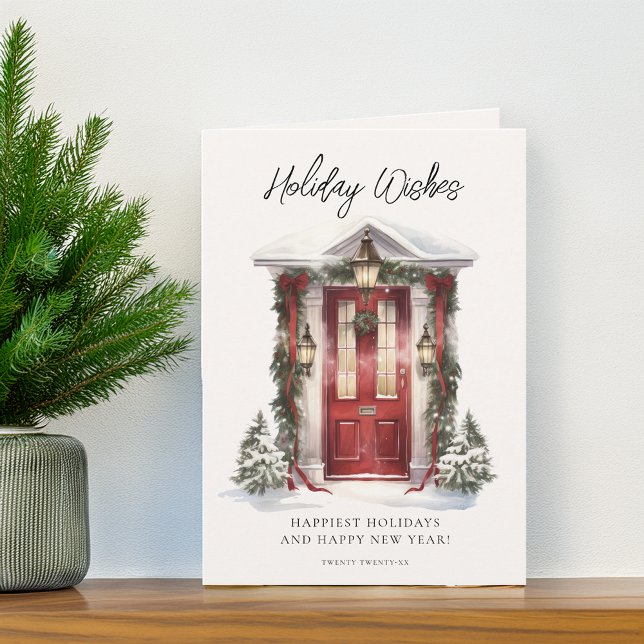 Festive Watercolor Door Christmas Wishes Holiday Card (Festive Watercolor Door Christmas Wishes Holiday Card)