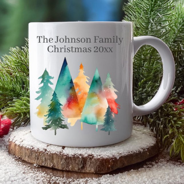Festive Watercolor Forest Trees Christmas Family Coffee Mug (Festive watercolor trees Christmas family mug with name and year)