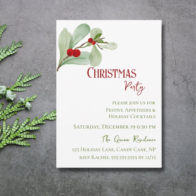 Festive Watercolor Greenery  Berry Christmas Party Invitation (Festive Watercolor Greenery Berry Christmas Invitation)