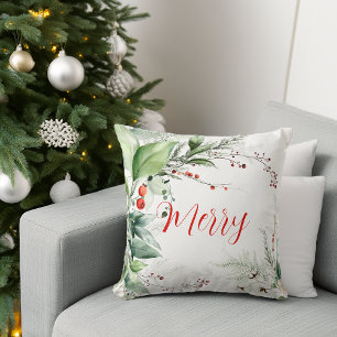 Festive Watercolor Greenery Christmas Merry Cushion