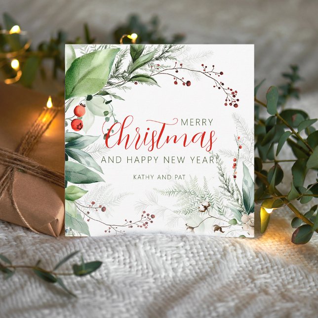 Festive Watercolor Greenery Merry Christmas Holiday Card (Festive Watercolor Greenery Merry Christmas Holiday Card)