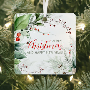 Festive Watercolor Greenery Merry Christmas Metal Tree Decoration