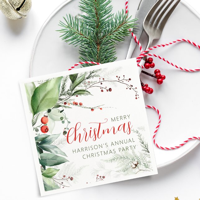 Festive Watercolor Greenery Merry Christmas Napkin (Festive Watercolor Greenery Merry Christmas Napkins)