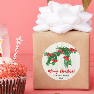 Festive Watercolor Greenery Red Bow Christmas Classic Round Sticker