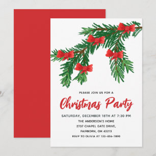 Festive Watercolor Greenery Red Bow Christmas Invitation