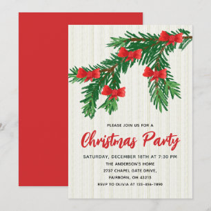 Festive Watercolor Greenery Red Bow Christmas Invitation