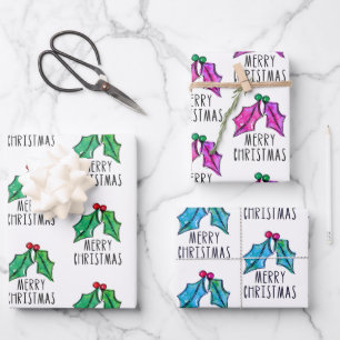 Festive Watercolor Holly Berries Christmas Wrapping Paper Sheet