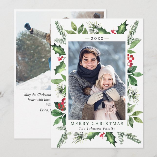 Festive Watercolor Holly Berry Christmas 2 PHOTO Holiday Card (Front/Back)