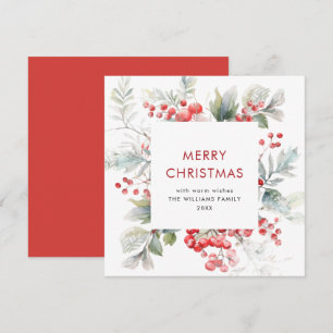 Festive Watercolor Holly Berry Christmas Greenery Holiday Card