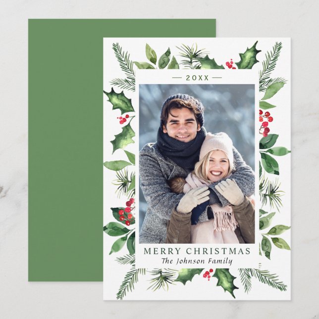 Festive Watercolor Holly Berry Christmas PHOTO Holiday Card (Front/Back)