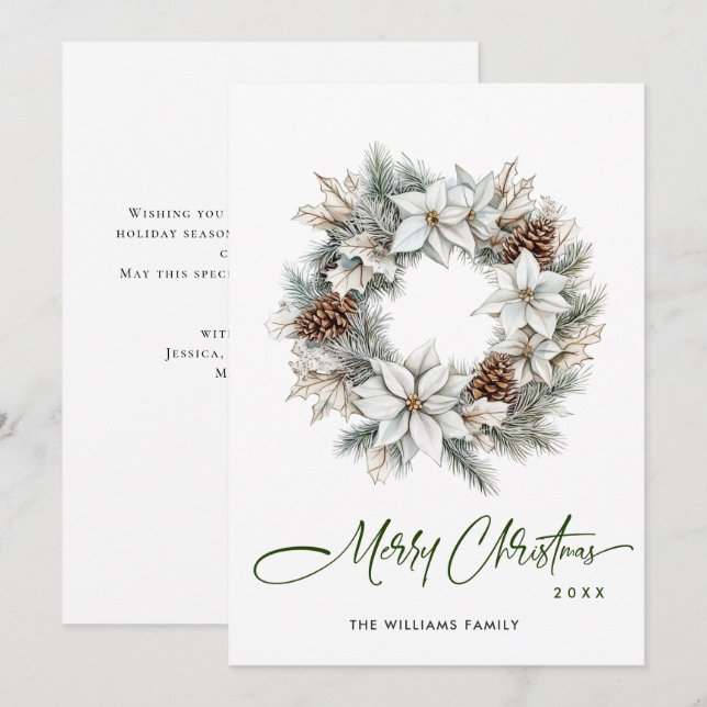 Festive Watercolor Holly Berry Pine Wreath Holiday Card (Front/Back)