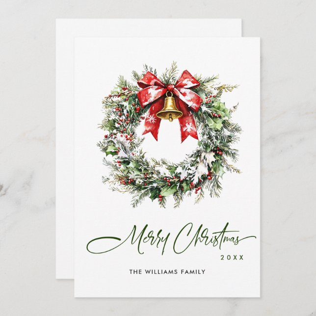 Festive Watercolor Holly Berry Pine Wreath Holiday Card (Front/Back)