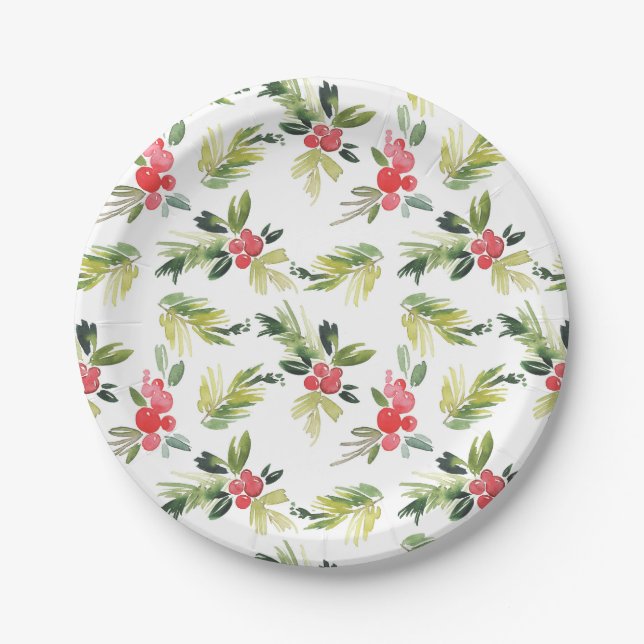 Festive Watercolor Holly Pattern Christmas Paper Plate (Front)