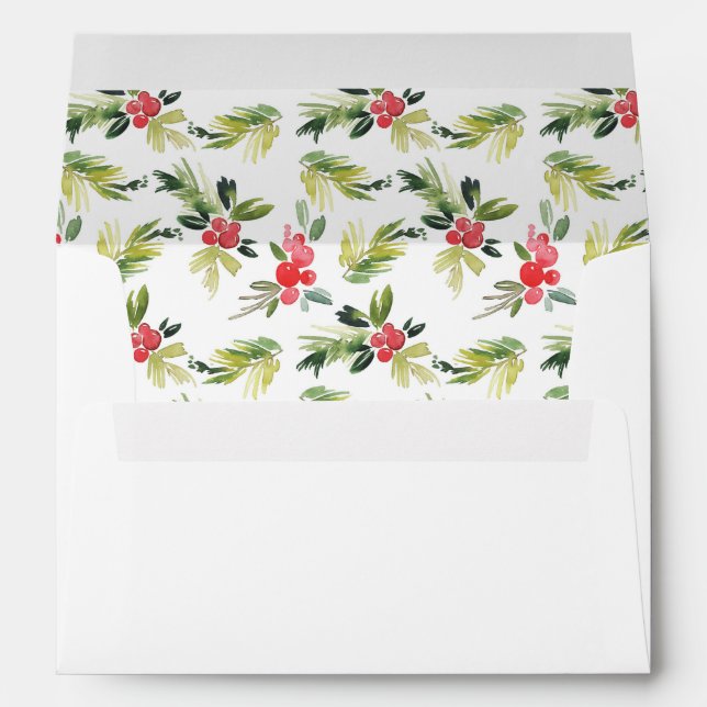 Festive Watercolor Holly Pattern Christmas White Envelope (Back (Bottom))
