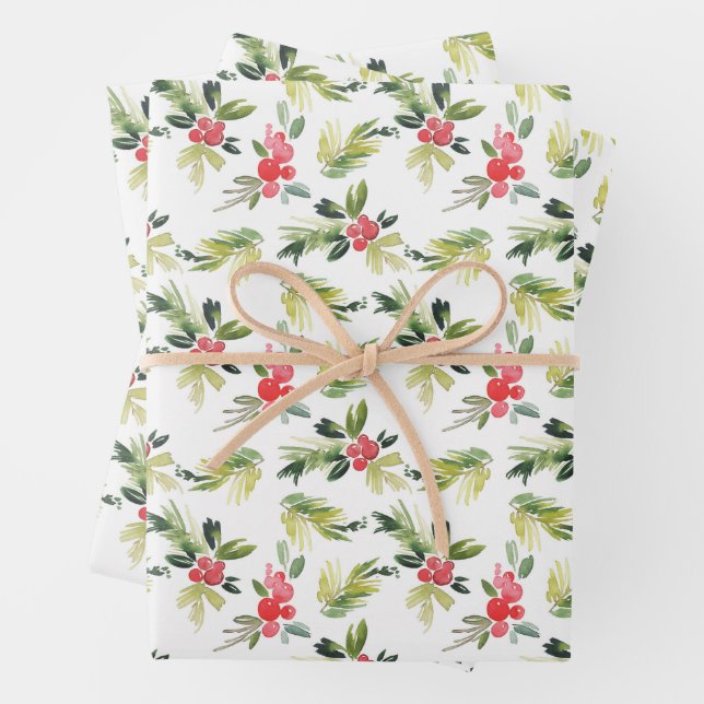 Festive Watercolor Holly Pattern Christmas Wrapping Paper Sheet (In situ)