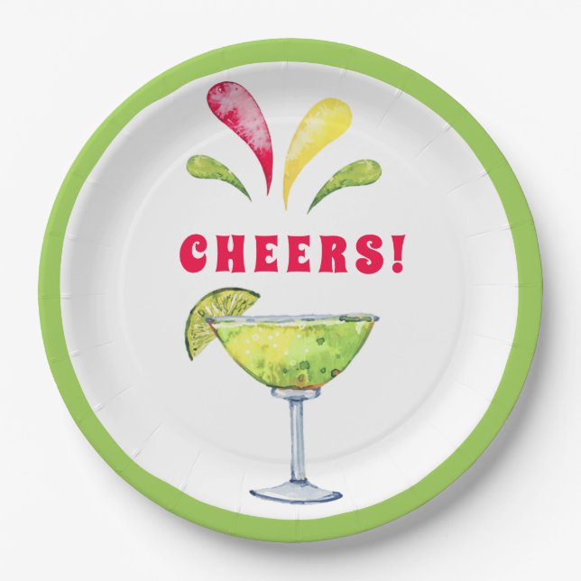 Festive Watercolor Margarita | Cheers Paper Plate (Front)