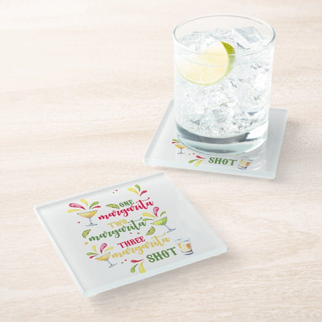 Festive Watercolor Margarita Square Glass Coaster (Angled)