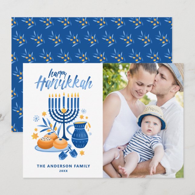 Festive Watercolor Menorah Happy Hanukkah Photo Holiday Card (Front/Back)