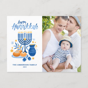 Festive Watercolor Menorah Happy Hanukkah Photo Holiday Postcard
