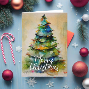 Festive Watercolor Merry Christmas Tree Artistic Holiday Card
