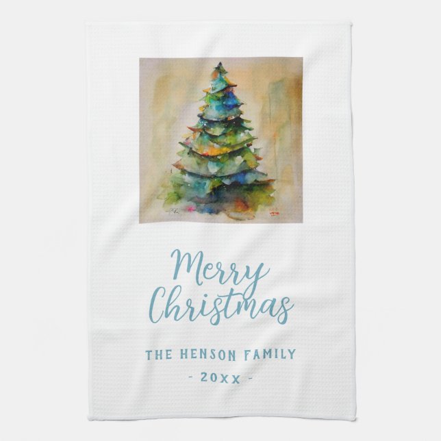 Festive Watercolor Merry Christmas Tree Artistic Tea Towel (Vertical)