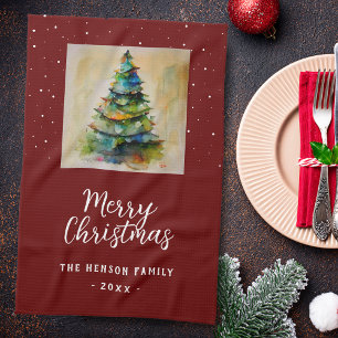 Festive Watercolor Merry Christmas Tree Artistic Tea Towel