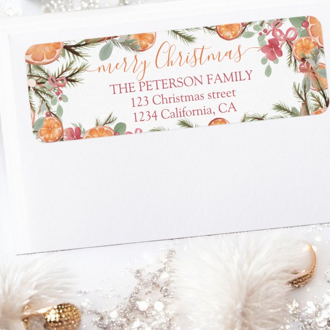 Festive Watercolor Orange Floral Merry Christmas (Festive Watercolor Orange Floral Merry Christmas Label)