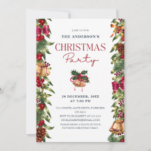 Festive Watercolor Pines Berries Christmas Party Invitation