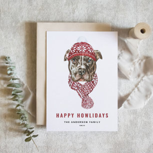 Festive Watercolor Pitbull Happy Howlidays Holiday Postcard