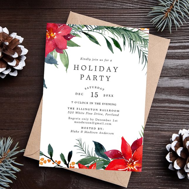 Festive Watercolor Poinsettia Wreath Holiday Invitation (Creator Uploaded)