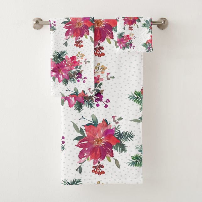 Festive Watercolor Poinsettias & Sage Polka Dots Bath Towel Set (Insitu)