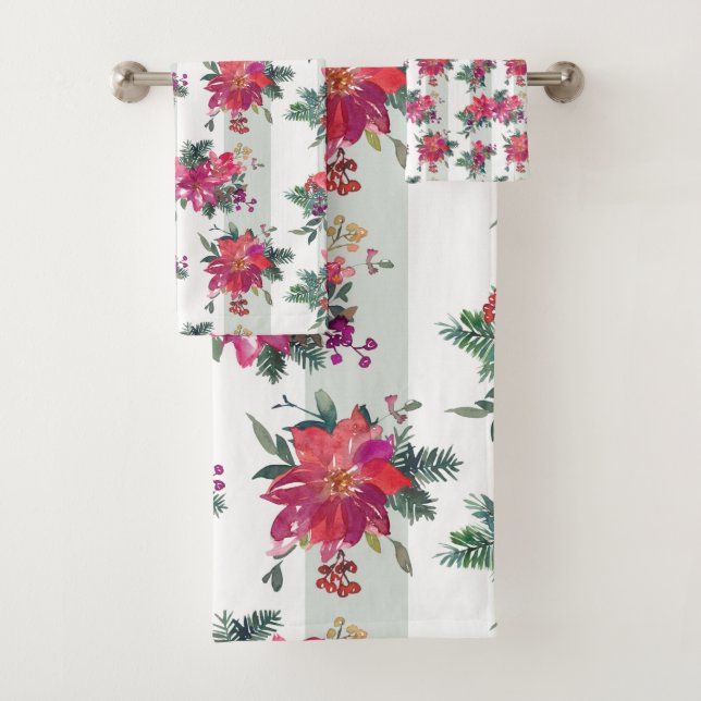 Festive Watercolor Poinsettias & Sage Stripes Bath Towel Set (Insitu)