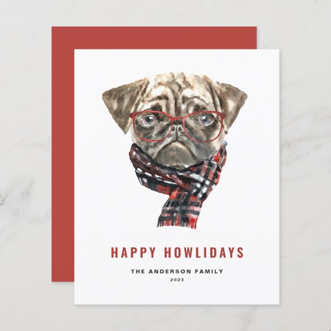 Festive Watercolor Pug Happy Howlidays Card (Front/Back)