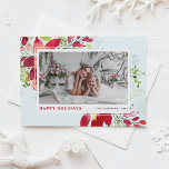 Festive Watercolor Red Poinsettia Photo Christmas Holiday Card<br><div class="desc">Happy holidays! Send holiday cheer and wishes to family and friends with this floral holiday flat card. It features watercolor illustration of red flowers,  pine needles and greenery with a light aqua blue background. Personalise by featuring your favourite landscape photo and adding names and message. Matching items are available.</div>