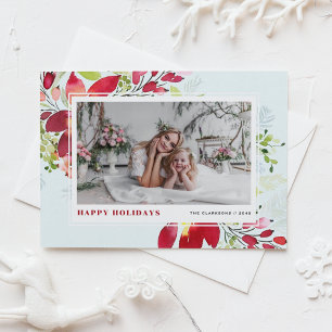 Festive Watercolor Red Poinsettia Photo Christmas Holiday Card