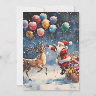 Festive Watercolor Santa Reindeer Colorful Balloon Holiday Card