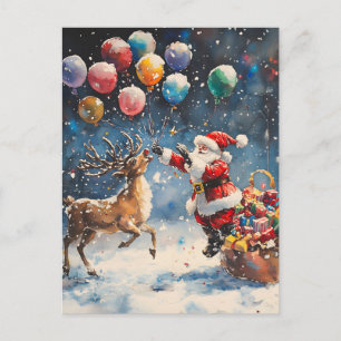Festive Watercolor Santa Reindeer Colorful Balloon Holiday Postcard