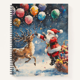 Festive Watercolor Santa Reindeer Colorful Balloon Notebook