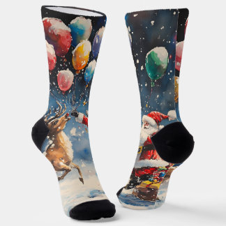 Festive Watercolor Santa Reindeer Colorful Balloon Socks
