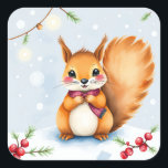 Festive Watercolor Squirrel Christmas Square Sticker<br><div class="desc">Cute little watercolor squirrel on a snowy day Christmas stickers.</div>