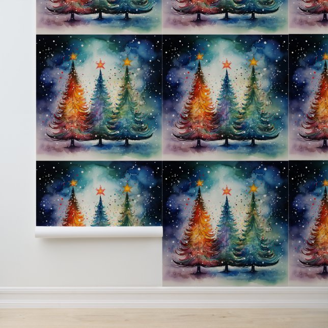 Festive Watercolor Winter Trees Textured  Wallpaper (Application)