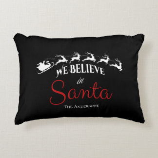Festive We Believe in Santa Christmas black Decorative Cushion