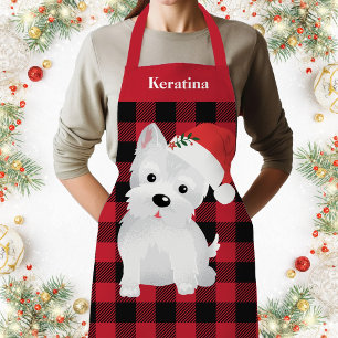 Festive Westie Dog Santa Hat Buffalo Plaid Check Apron
