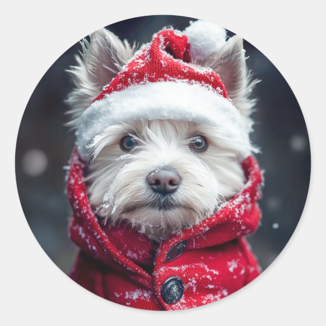 Festive Westie in the Snow Classic Round Sticker (Front)